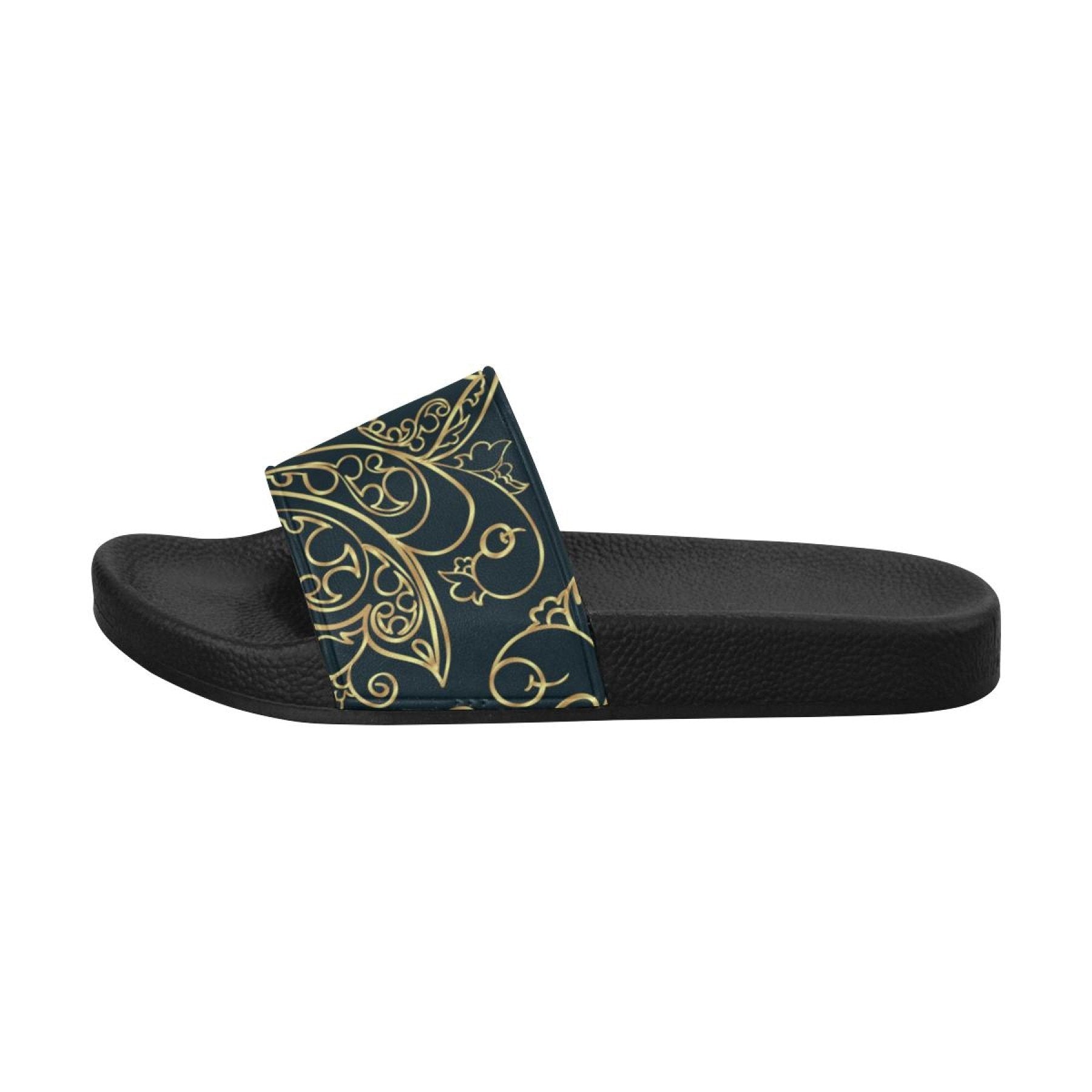 Womens Slides, Flip Flop Sandals, Black And Gold Swirl Print-1