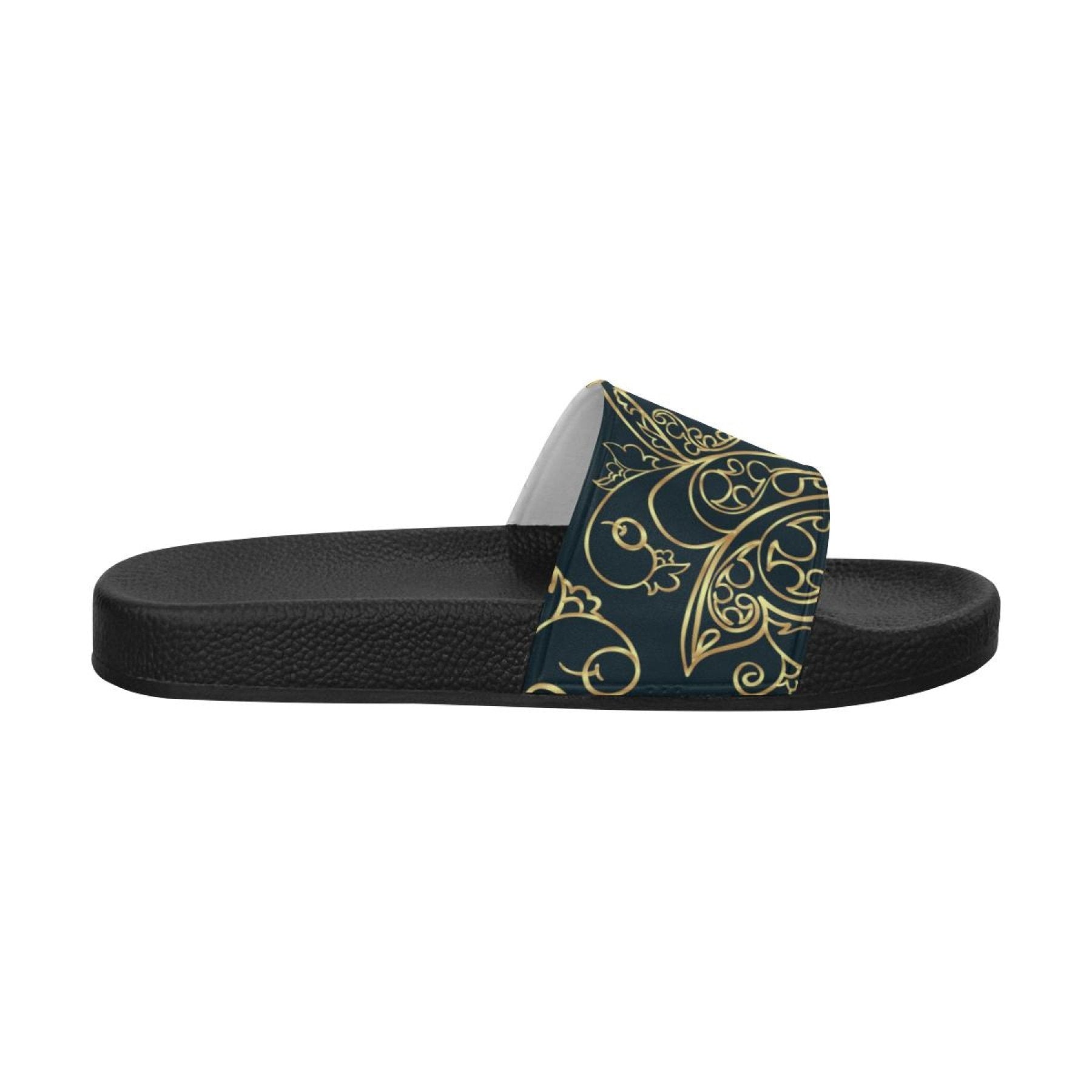 Womens Slides, Flip Flop Sandals, Black And Gold Swirl Print-0