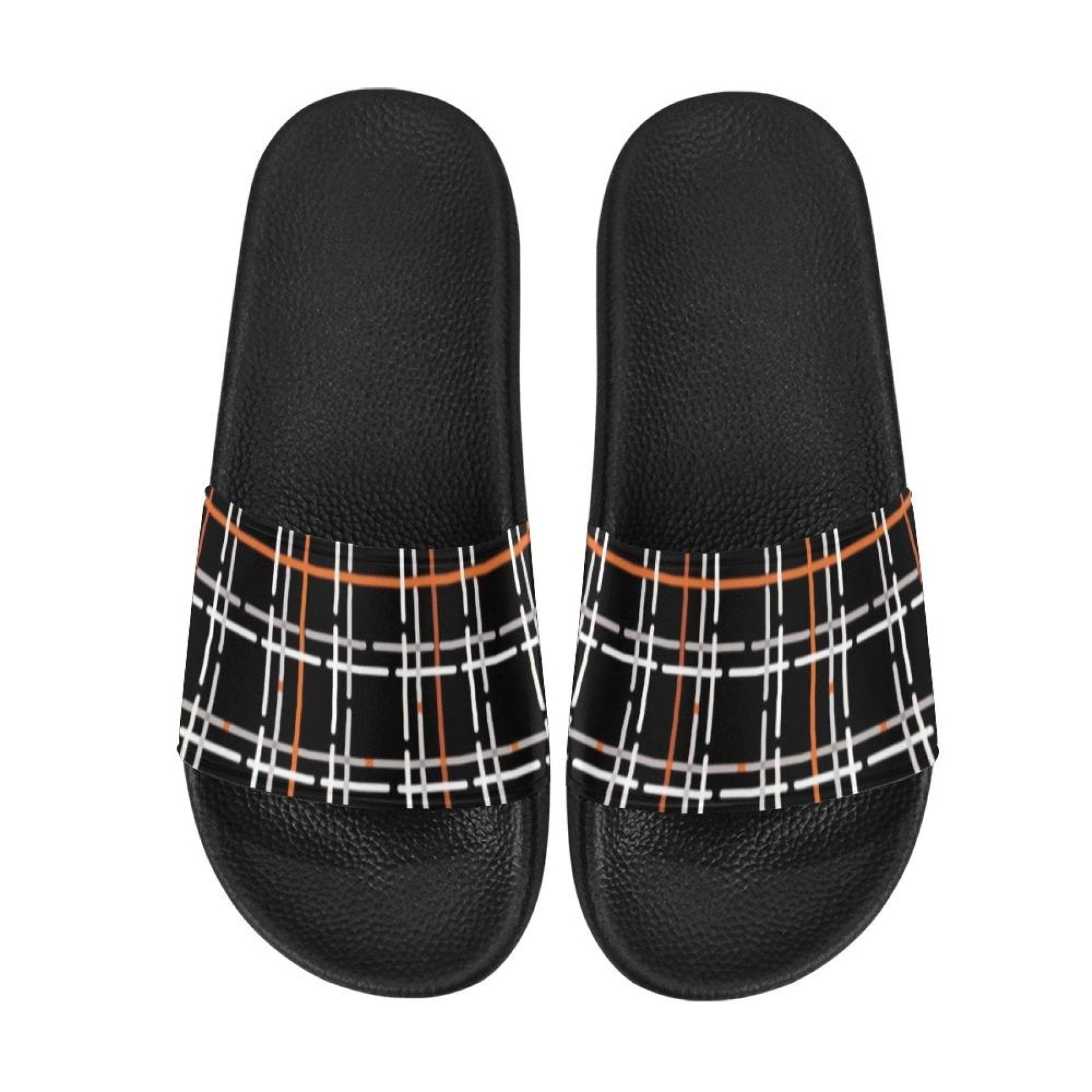 Womens Slides, Flip Flop Sandals, Black Orange And White Tartan Print-2